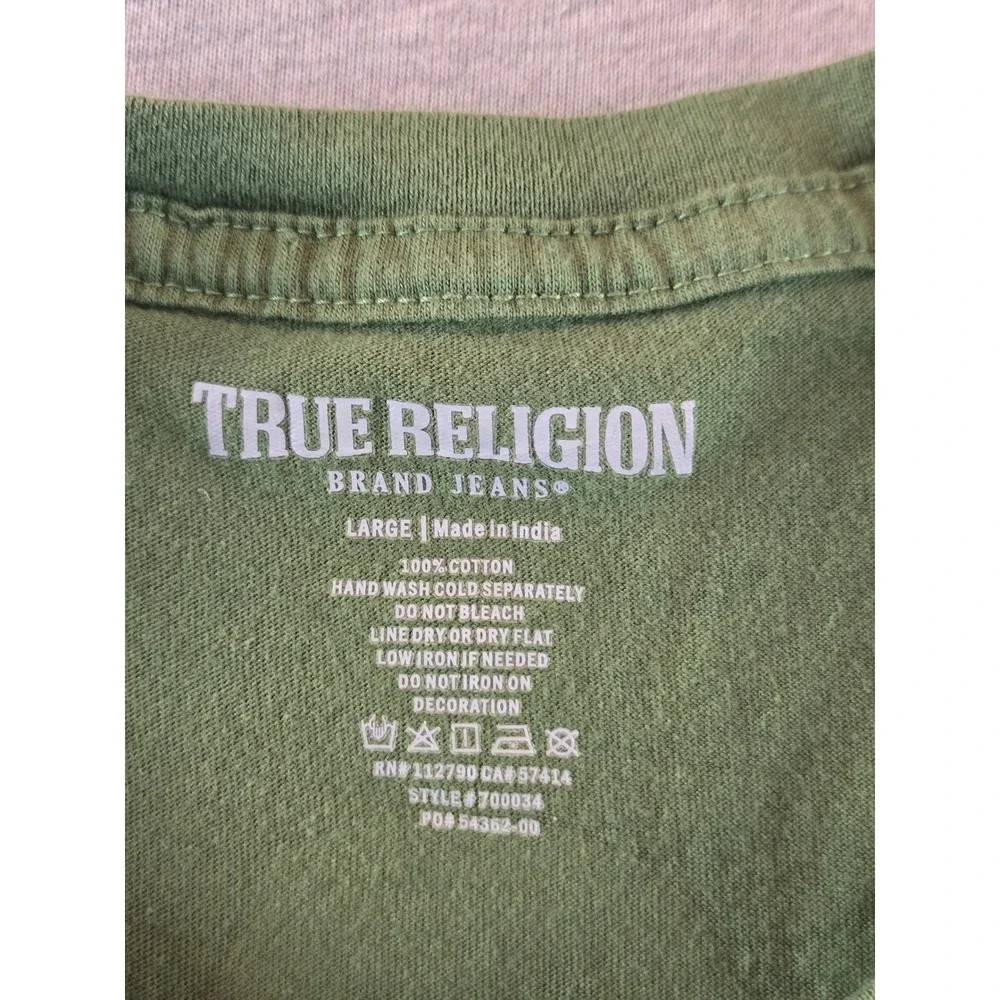 True Religion Graphic T-Shirt Mens L Green Buddha Horseshoe‎ Logo Short Sleeve